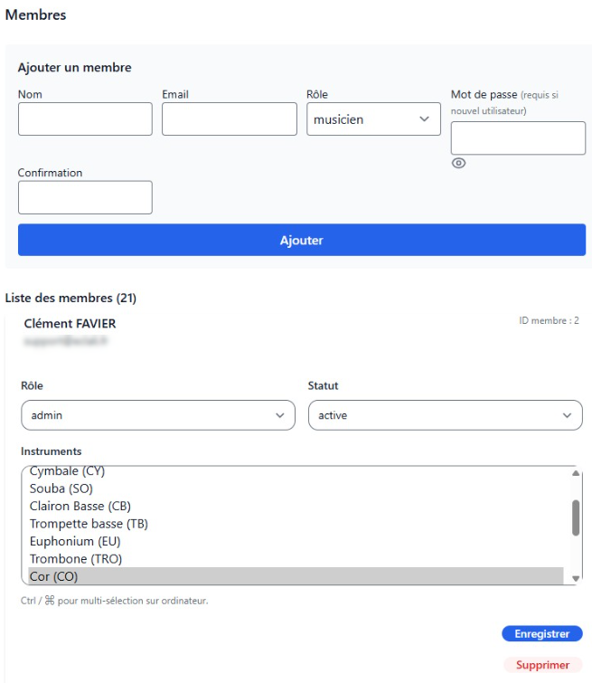 Répartition des instruments et pupitres