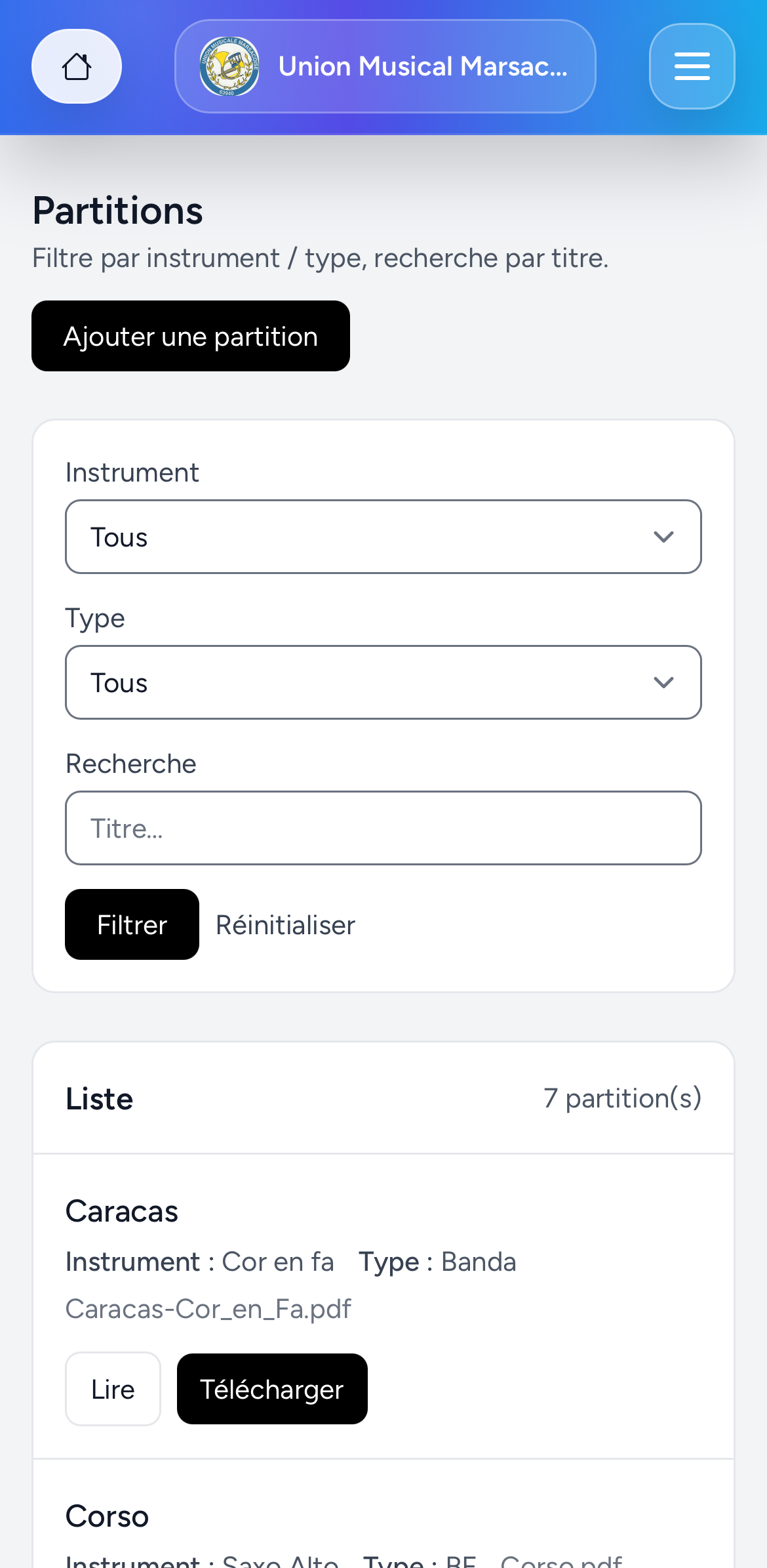 Bibliothèque de partitions et de chants